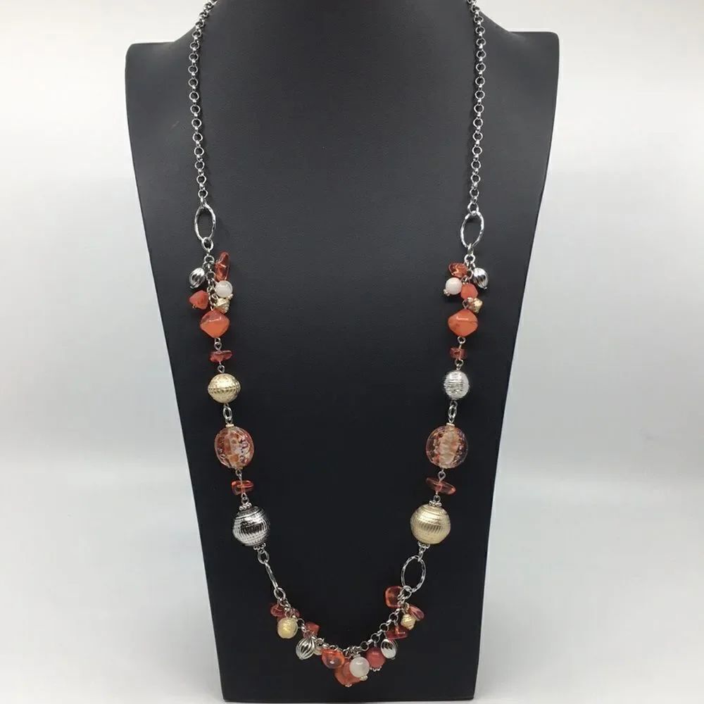 NWT Chico's long necklace boho necklace corral orange chunky beads silver tone